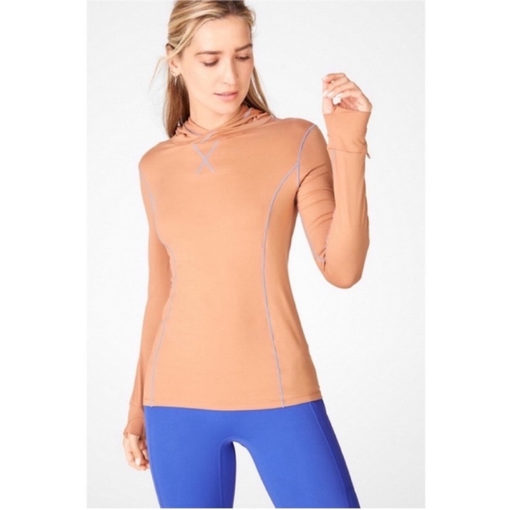 Fabletics Phoenix Run hoodie tan driftscape stitching zipper pockets recycled